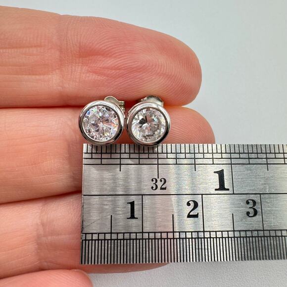 Ross-Simons CZ Round Stud Earrings 925 Sterling Silver Signed Tested Bezel Set - Picture 11 of 13